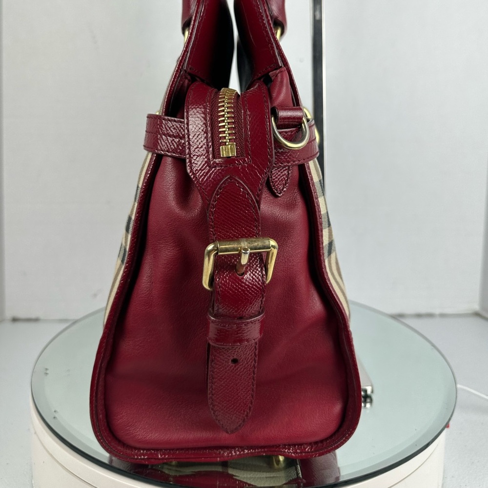 Heritage Plaid Satchel Handbag in Burgundy and Beige - Picture 3 of 11